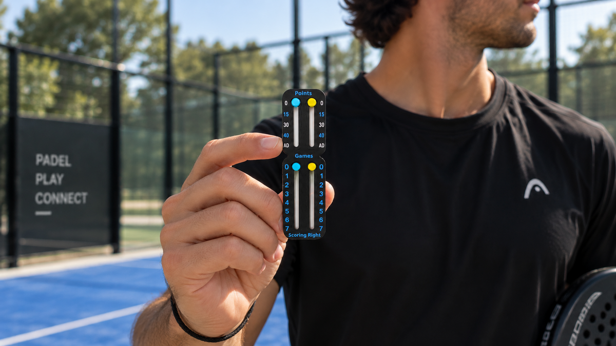 Player holding the ScoreKeeper on a padel court